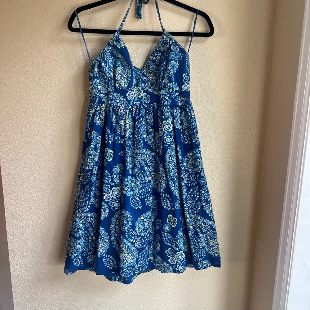 Blue Floral Halter Dress, yellow and white paisley, size Large, Summer dress
